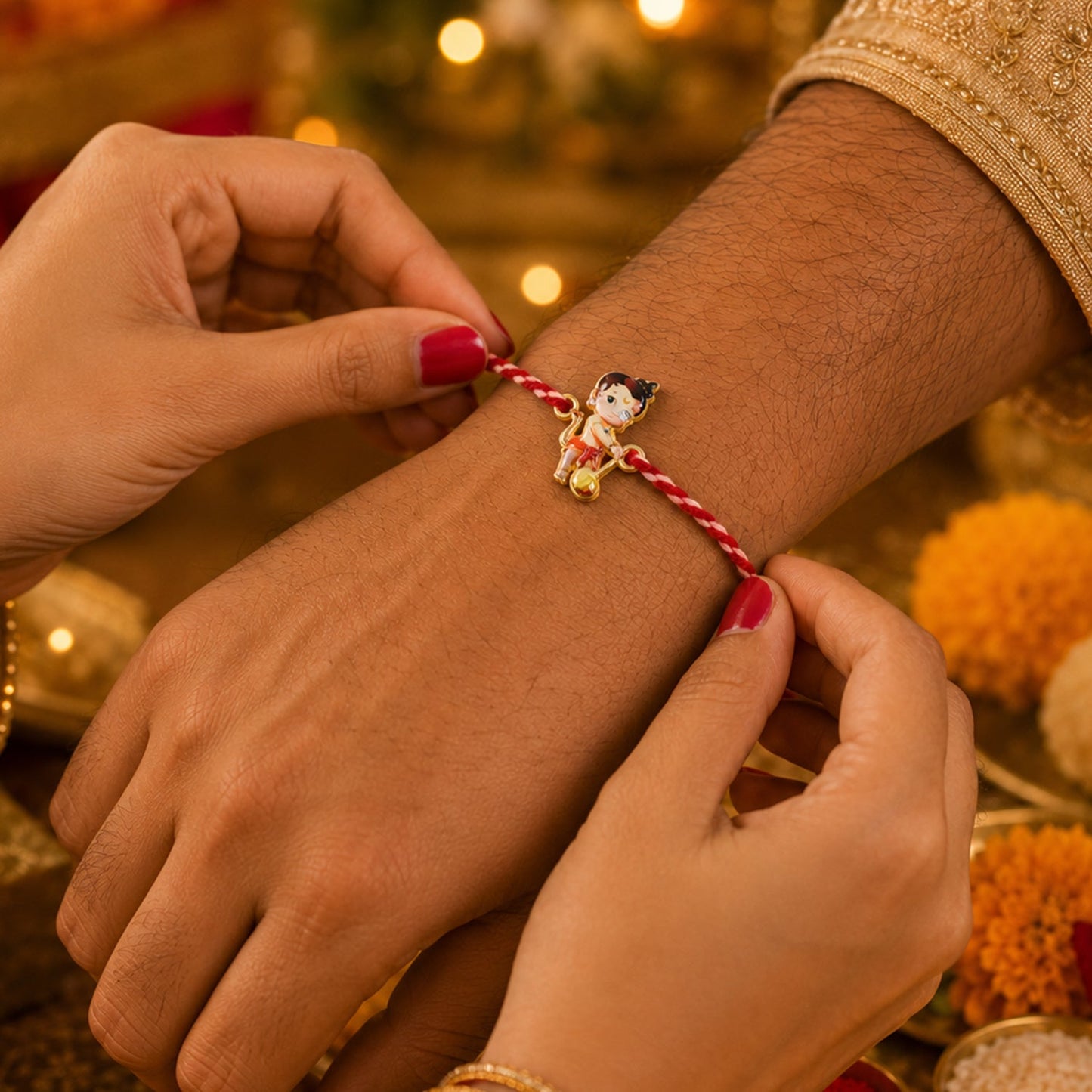 Side view of Cute Bal Hanuman Fancy Dori Rakhi with vibrant colors