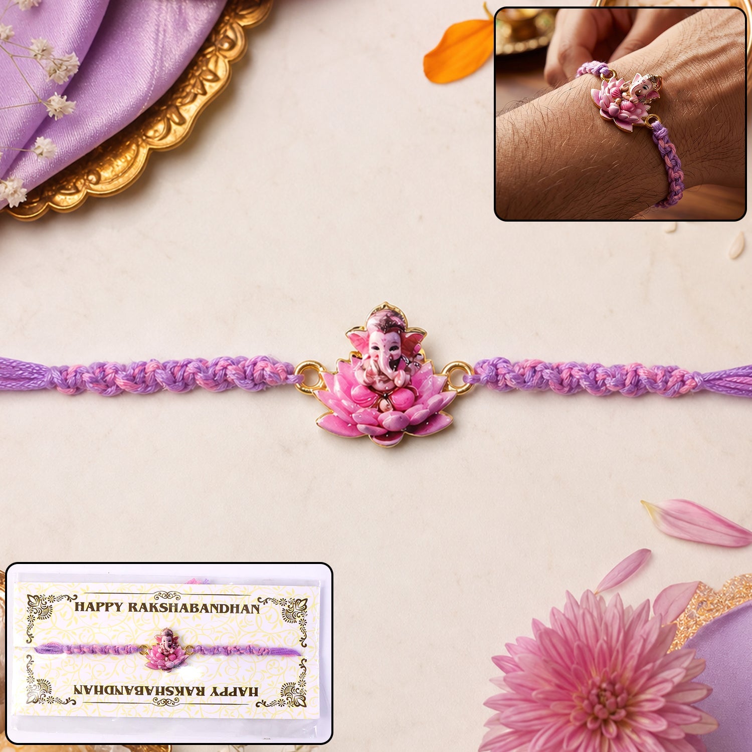 Pink Lotus Ganesh Fancy Dori Rakhi - front view