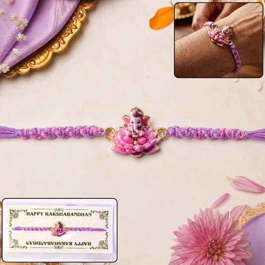 Pink Lotus Ganesh Fancy Dori Rakhi - front view