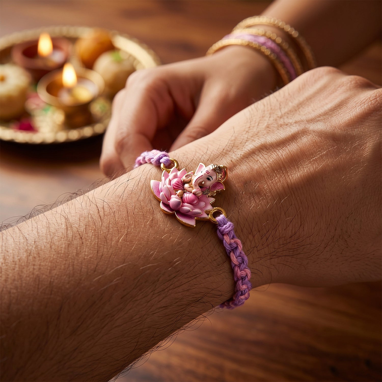 Pink Lotus Ganesh Fancy Dori Rakhi - side angle
