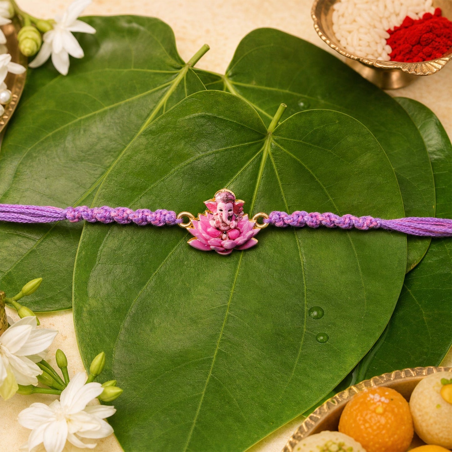 Pink Lotus Ganesh Fancy Dori Rakhi - close-up detail