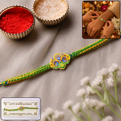 Green Om Peacock Fancy Dori Rakhi close-up