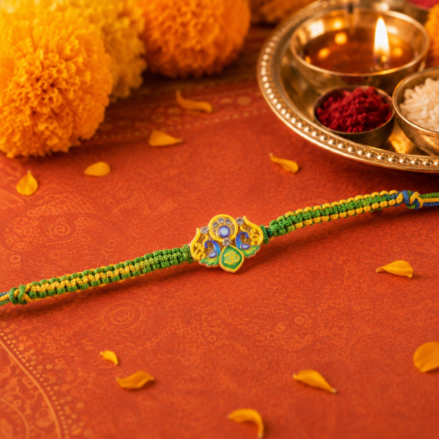 Green Om Peacock Fancy Dori Rakhi with packaging