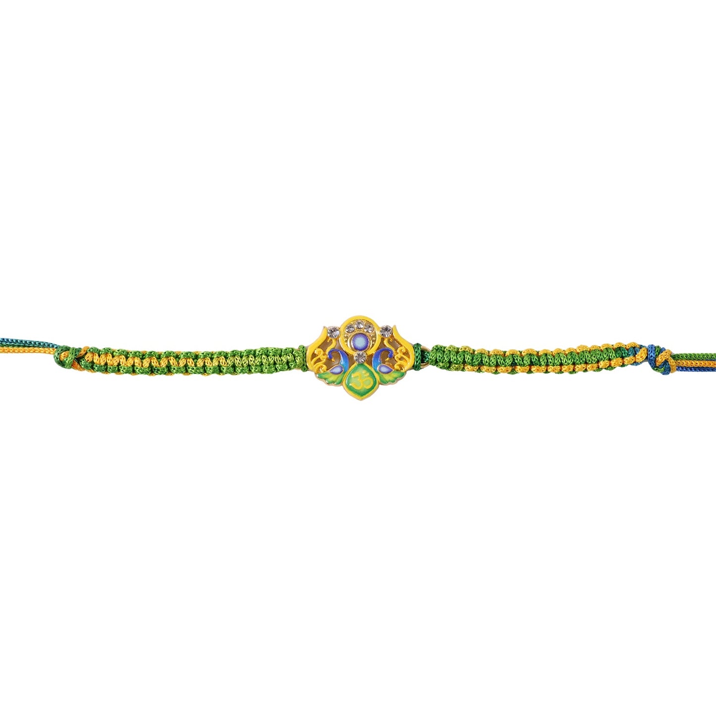 Green Om Peacock Fancy Dori Rakhi tied around wrist