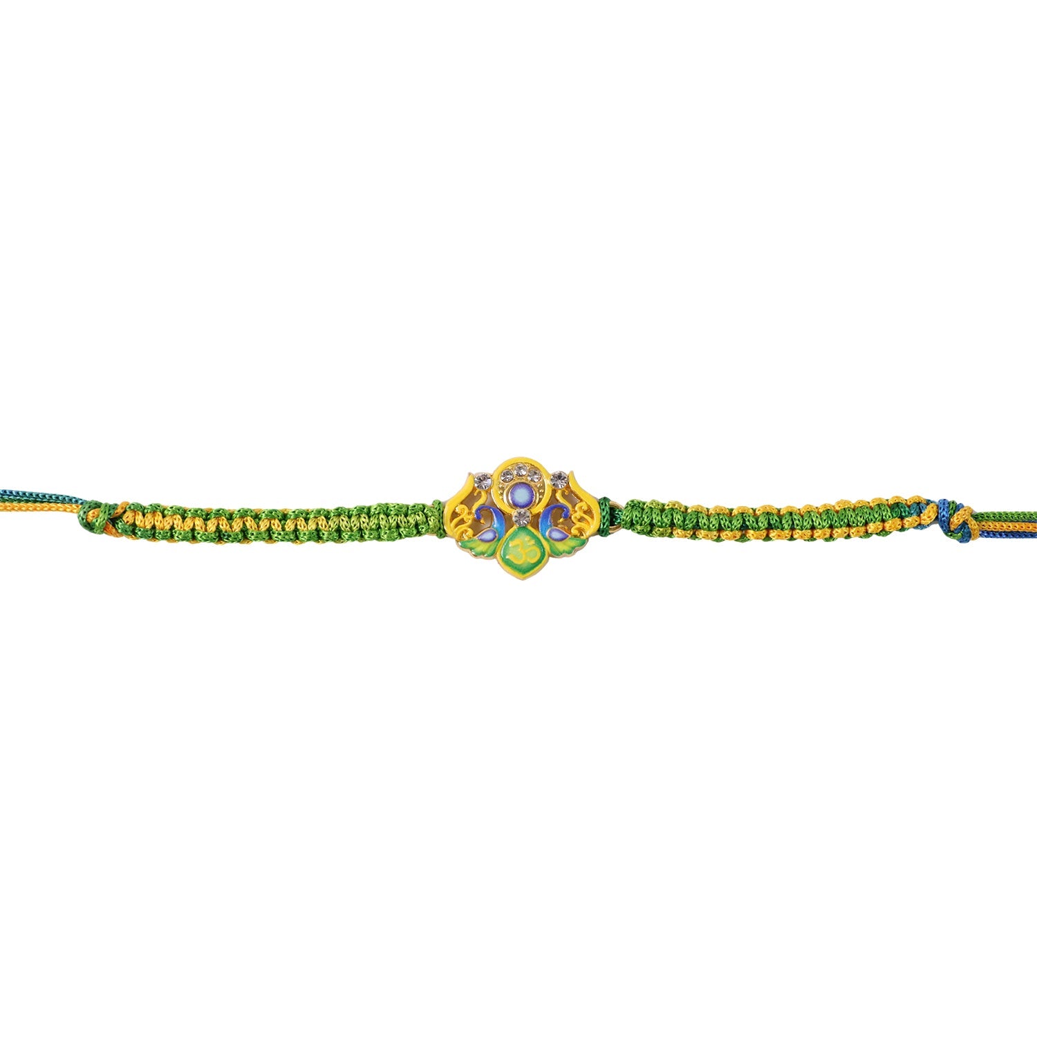 Green Om Peacock Fancy Dori Rakhi tied around wrist