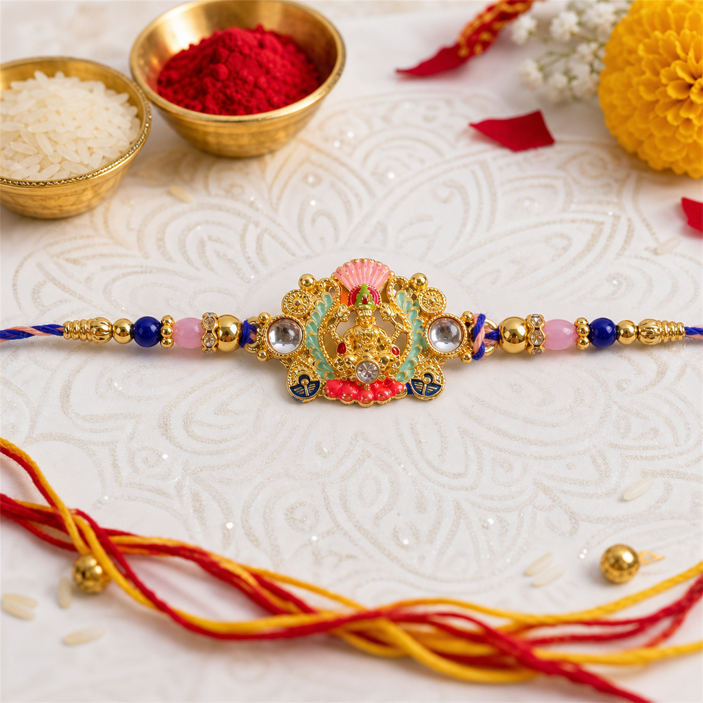 Goddess charm rakhi tied with colorful thread