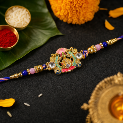 Close-up of Goddess charm and beads on rakhi thread