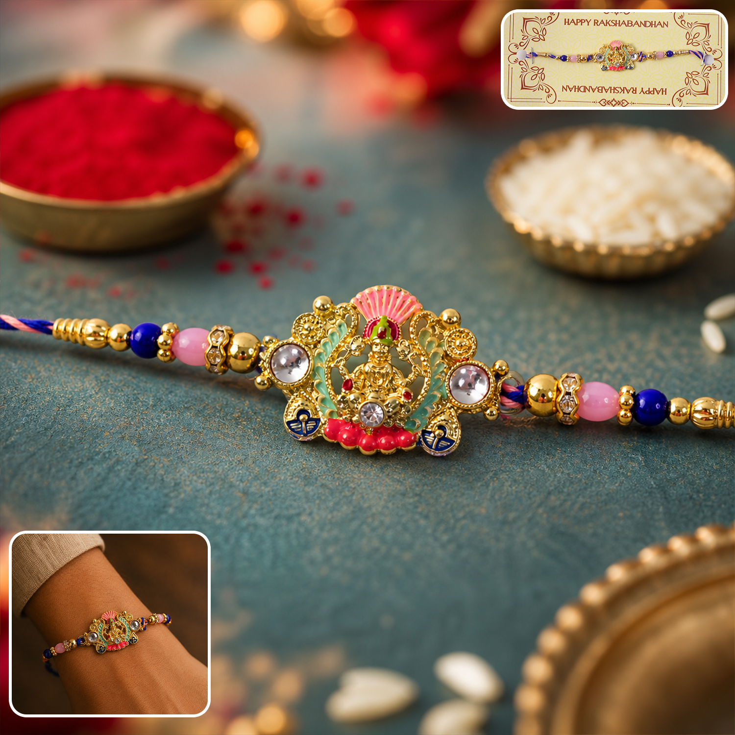 Top view of elegant beaded rakhi with Goddess charm