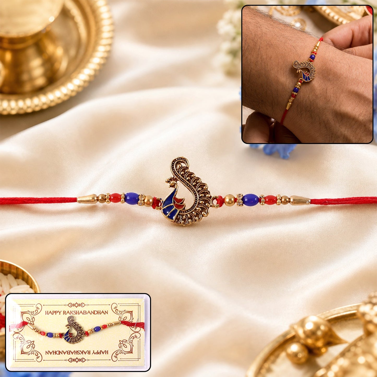 Antique peacock charm beaded rakhi for brother