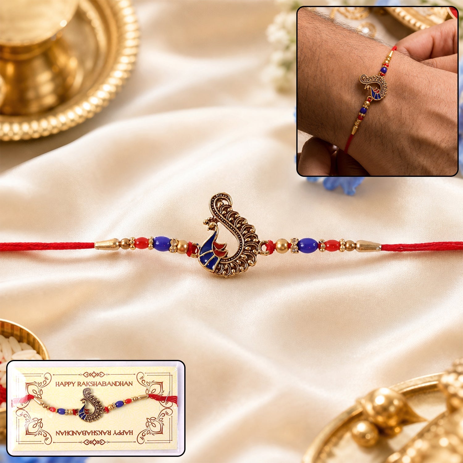 Antique peacock charm beaded rakhi for brother