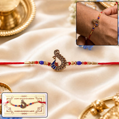 Antique peacock charm beaded rakhi for brother