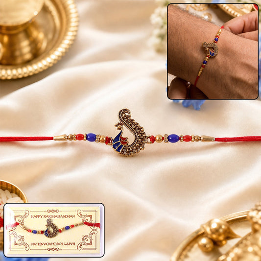 Antique peacock charm beaded rakhi for brother