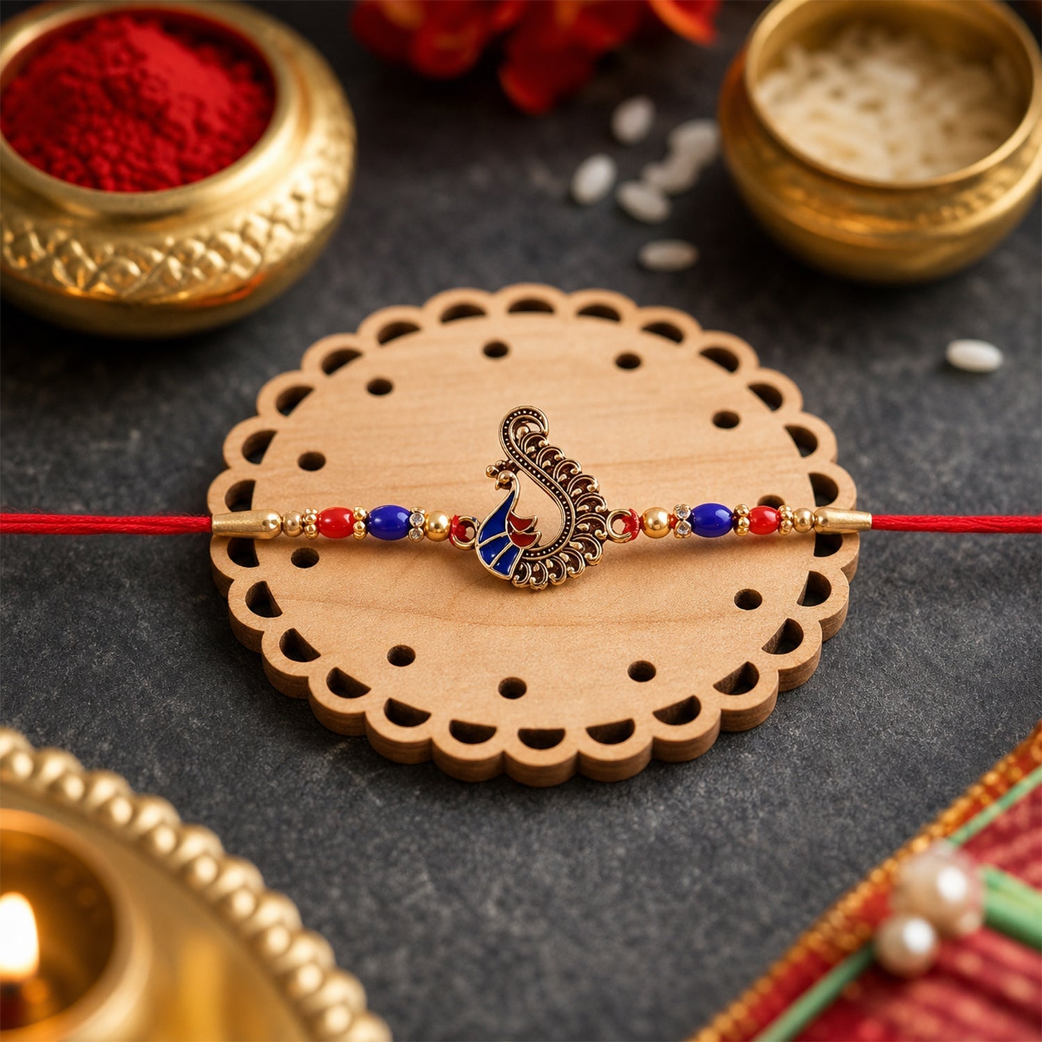 Close-up of peacock charm with colorful beads on rakhi