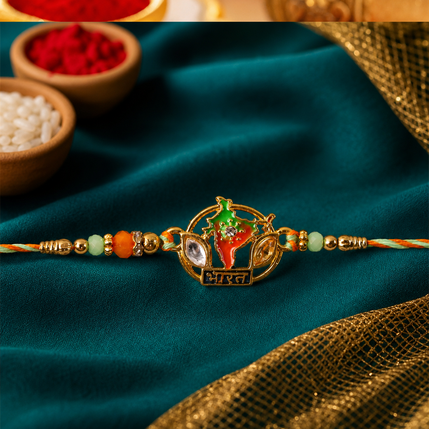 Bharat India Map Charm Beaded Rakhi front view