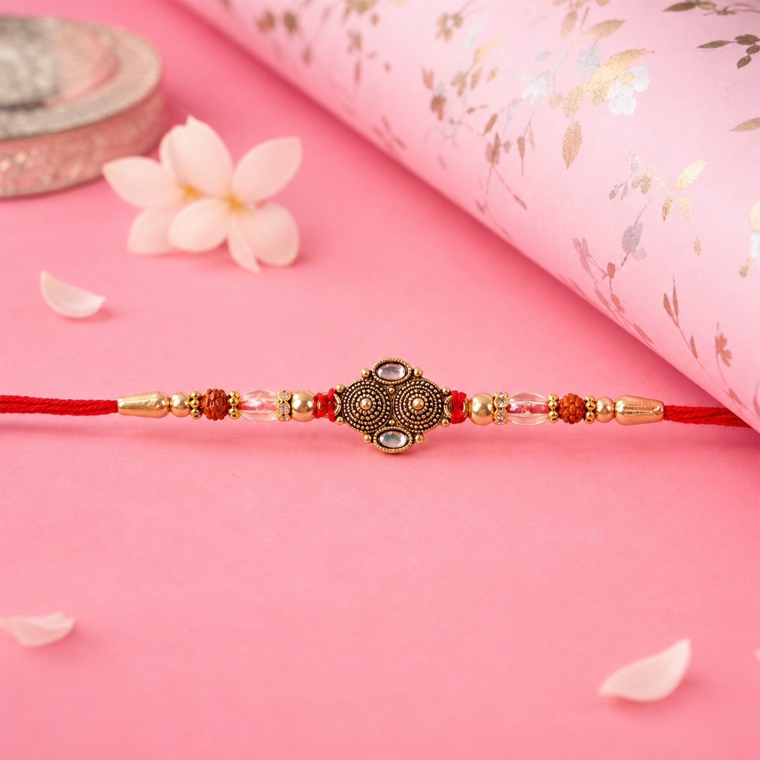 Side view of Rudraksha Rakhi showing bead details