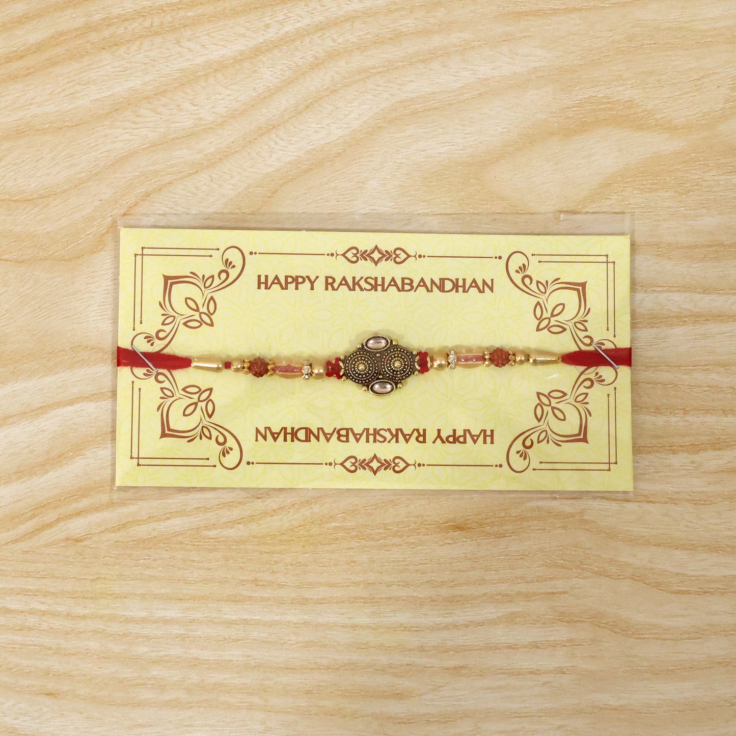 Detailed look at Rudraksha and bead Rakhi design