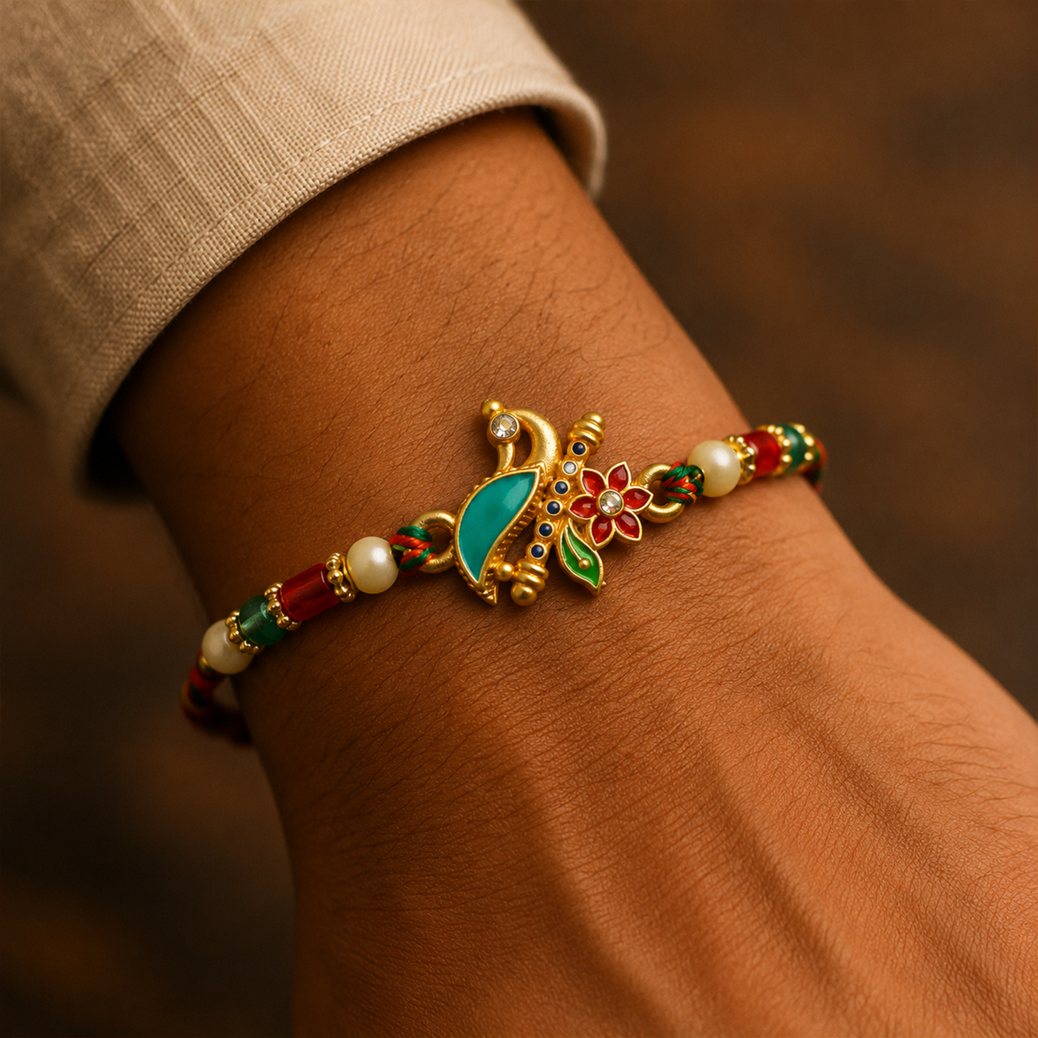 Peacock floral charm rakhi with beads for brother