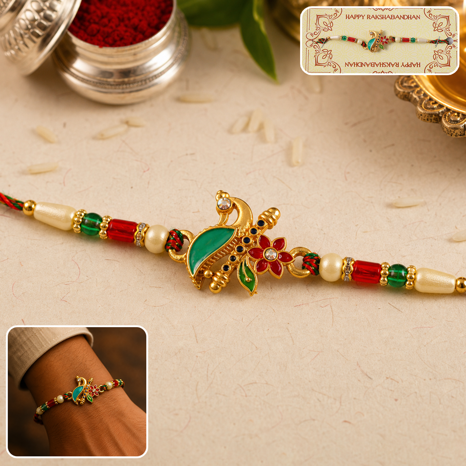 Side view of peacock floral charm rakhi with beads