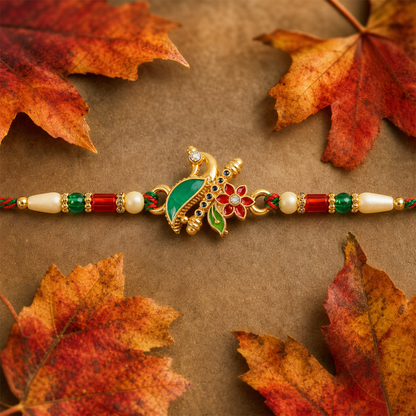 Closeup of peacock floral charm detail on rakhi