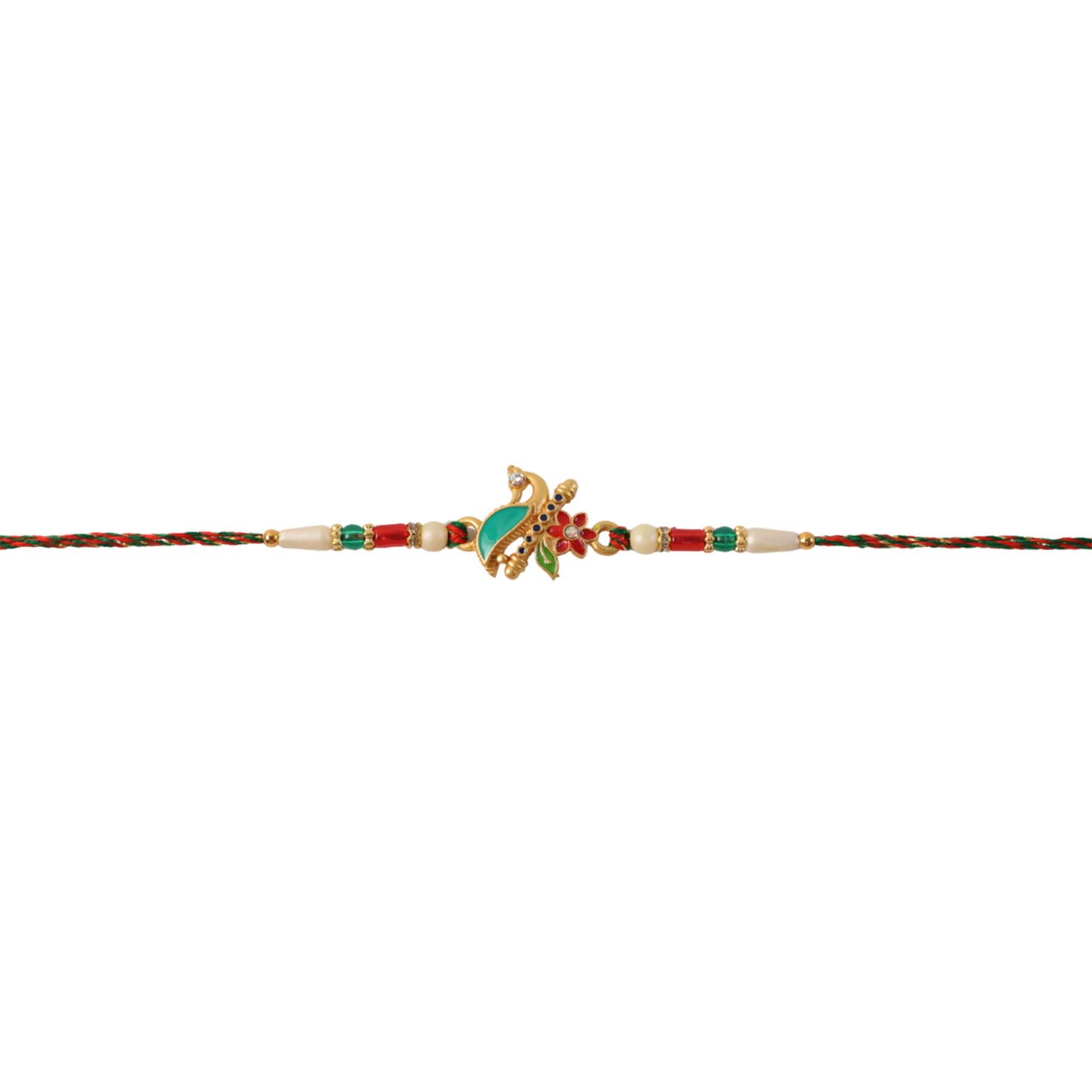 Styled image of peacock floral charm rakhi