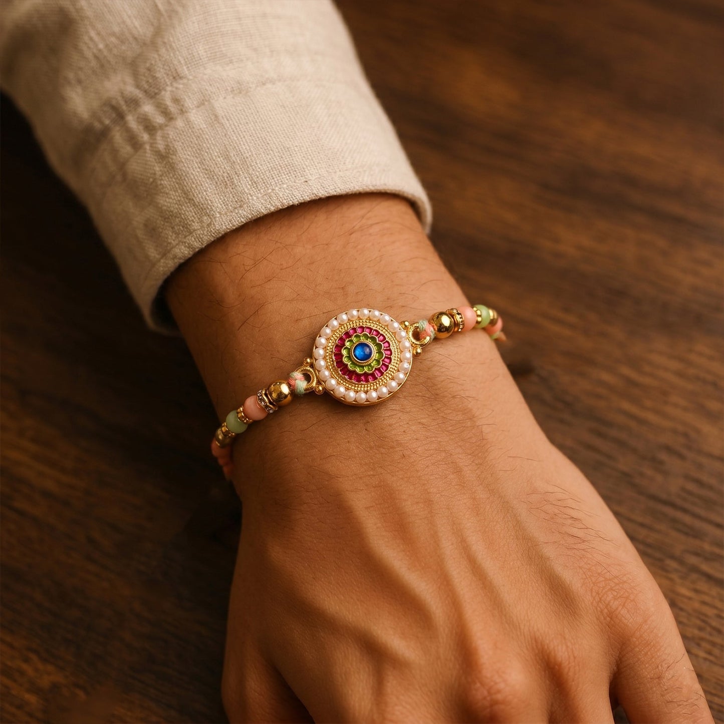 Close-up of pearl and floral beads on rakhi