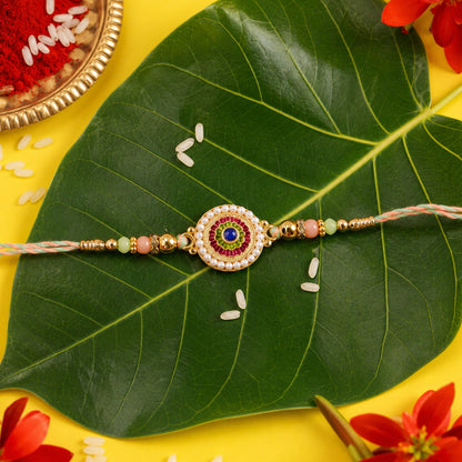 Pearl Round Floral Charm Beaded Rakhi front view