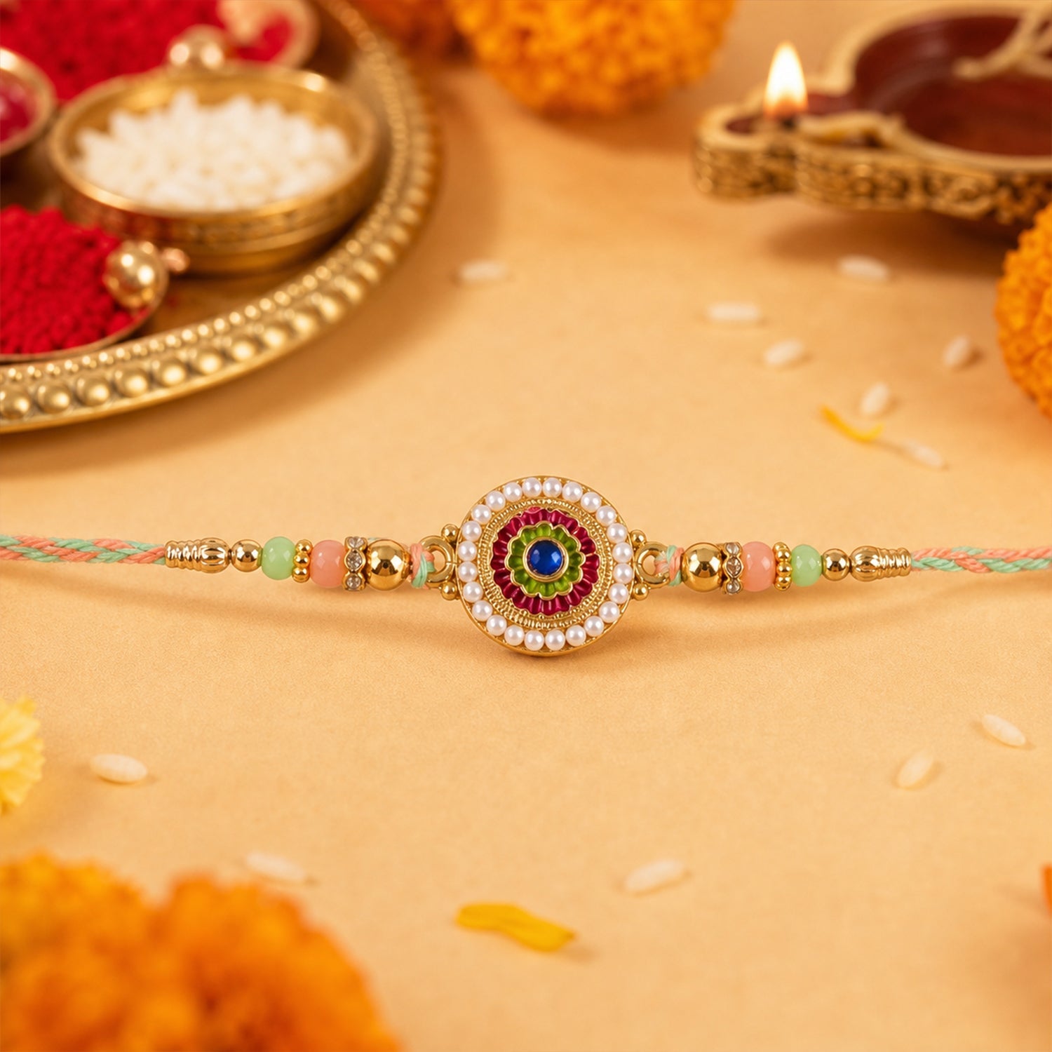 Side angle of pearl floral charm rakhi