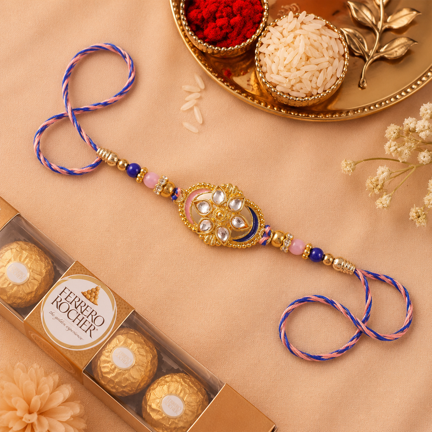 Side view of stylish Kundan floral rakhi for brother