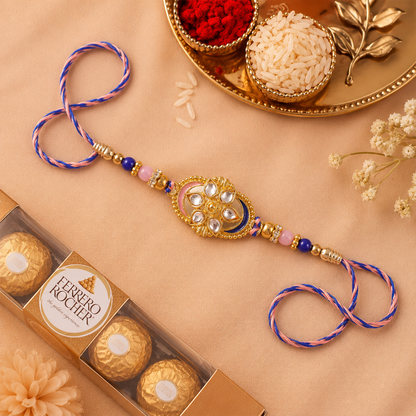 Side view of stylish Kundan floral rakhi for brother