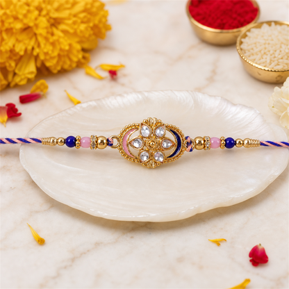 Premium festive Kundan floral oval rakhi with beads