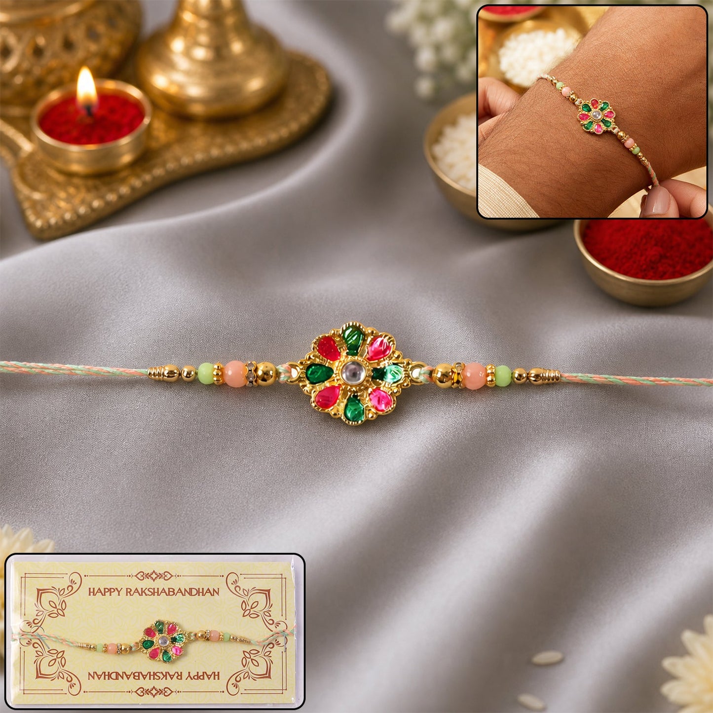 Colorful flower charm designer rakhi with beads for brother