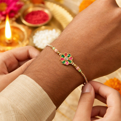 Traditional and modern styled flower charm rakhi with beads