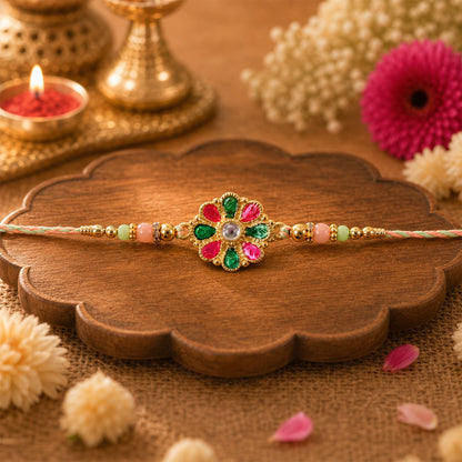 Close-up of colorful bead and flower rakhi for Raksha Bandhan