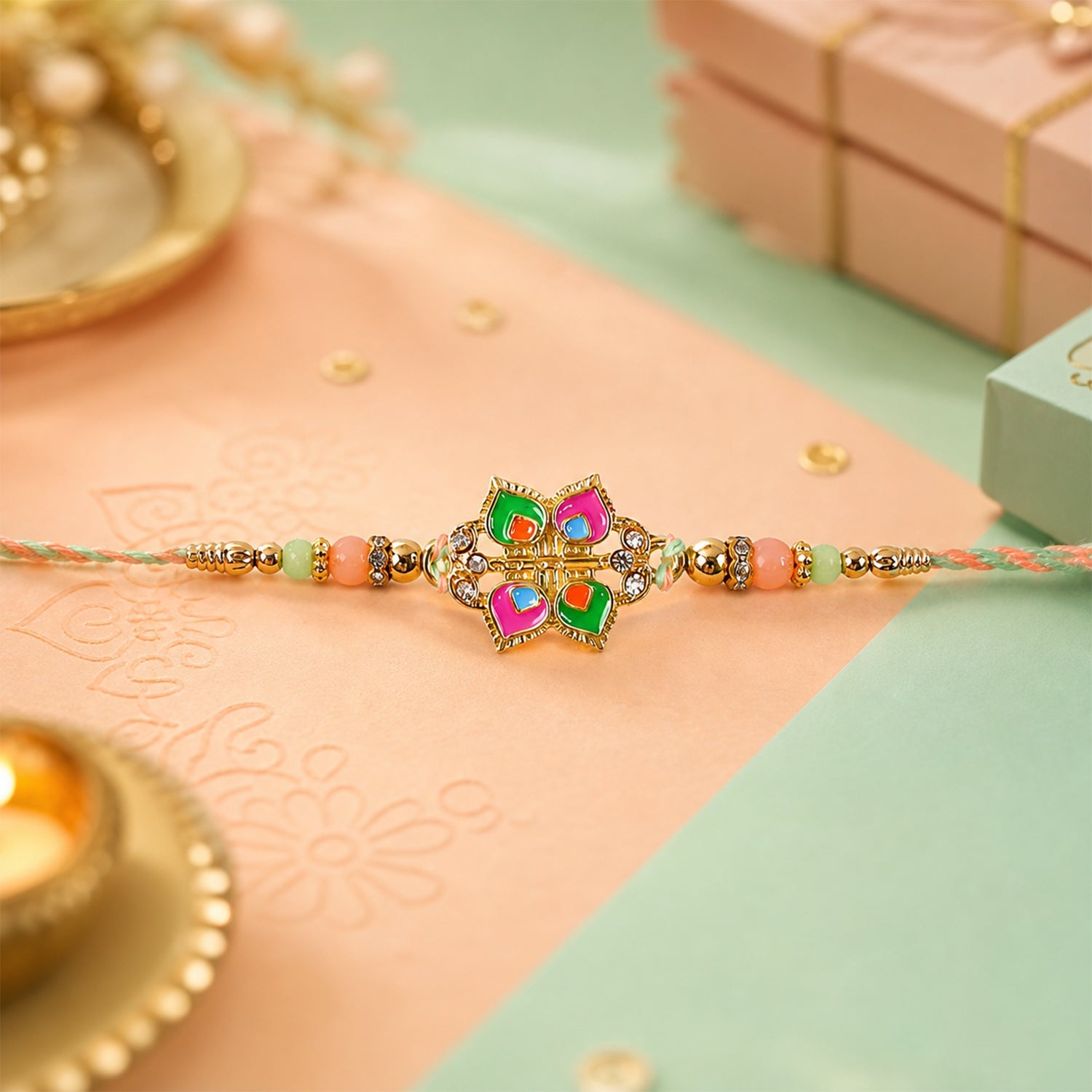 Close-up of floral charm and beads on rakhi