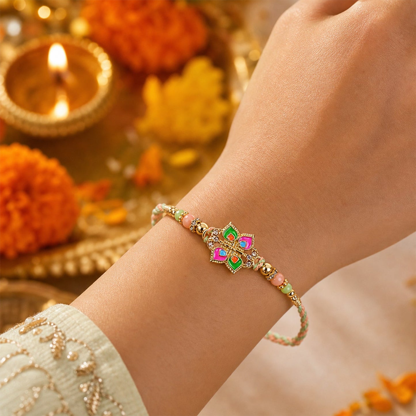 Floral beaded rakhi tied with red thread