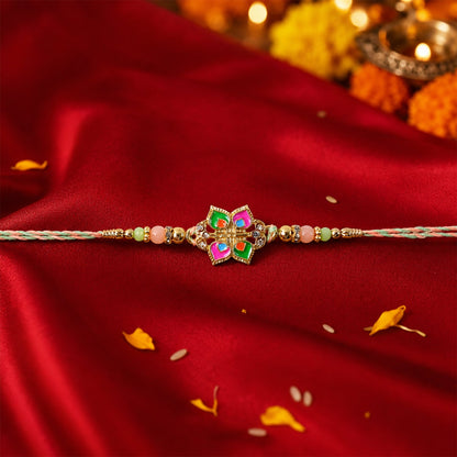 Front view of colorful floral rakhi with beads