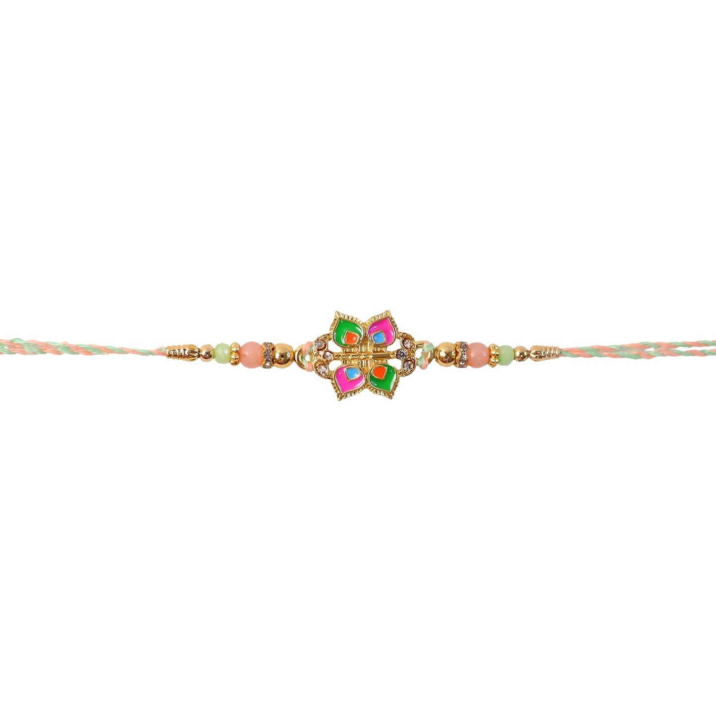 Detailed look at bead design on colorful rakhi