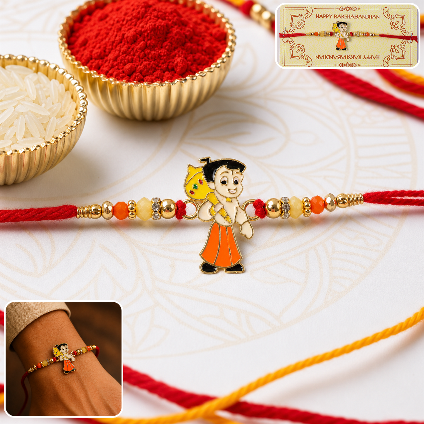 Close-up of Chhota Bheem charm on rakhi