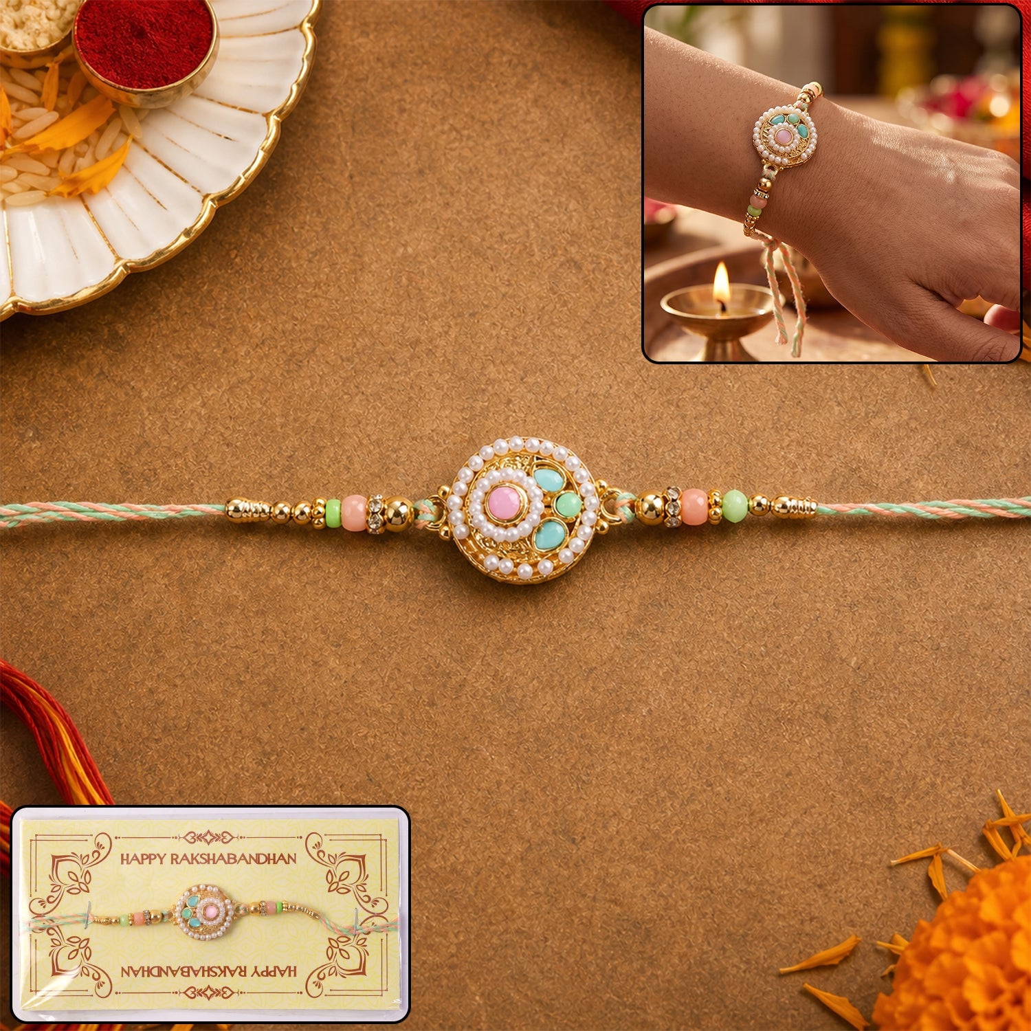 Pastel pearl round charm rakhi with beads for brother