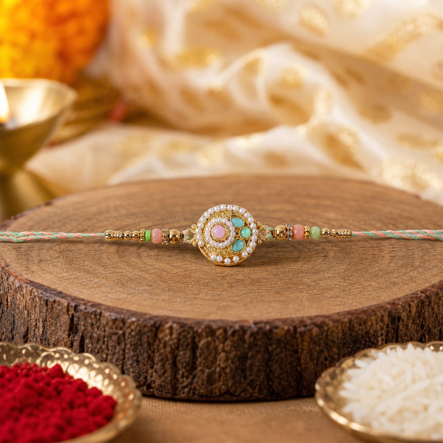 Pastel pearl rakhi packaging and tied string