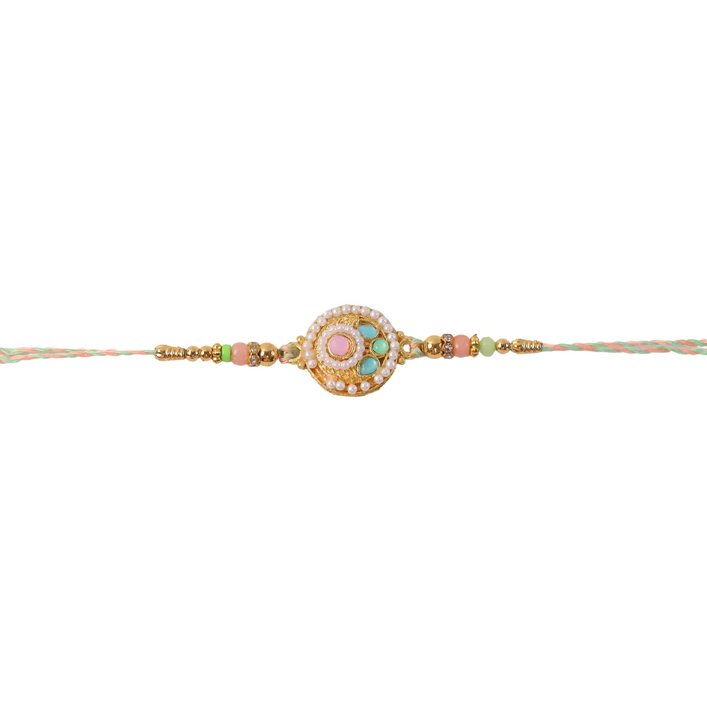 Side angle showing beads on pastel pearl rakhi