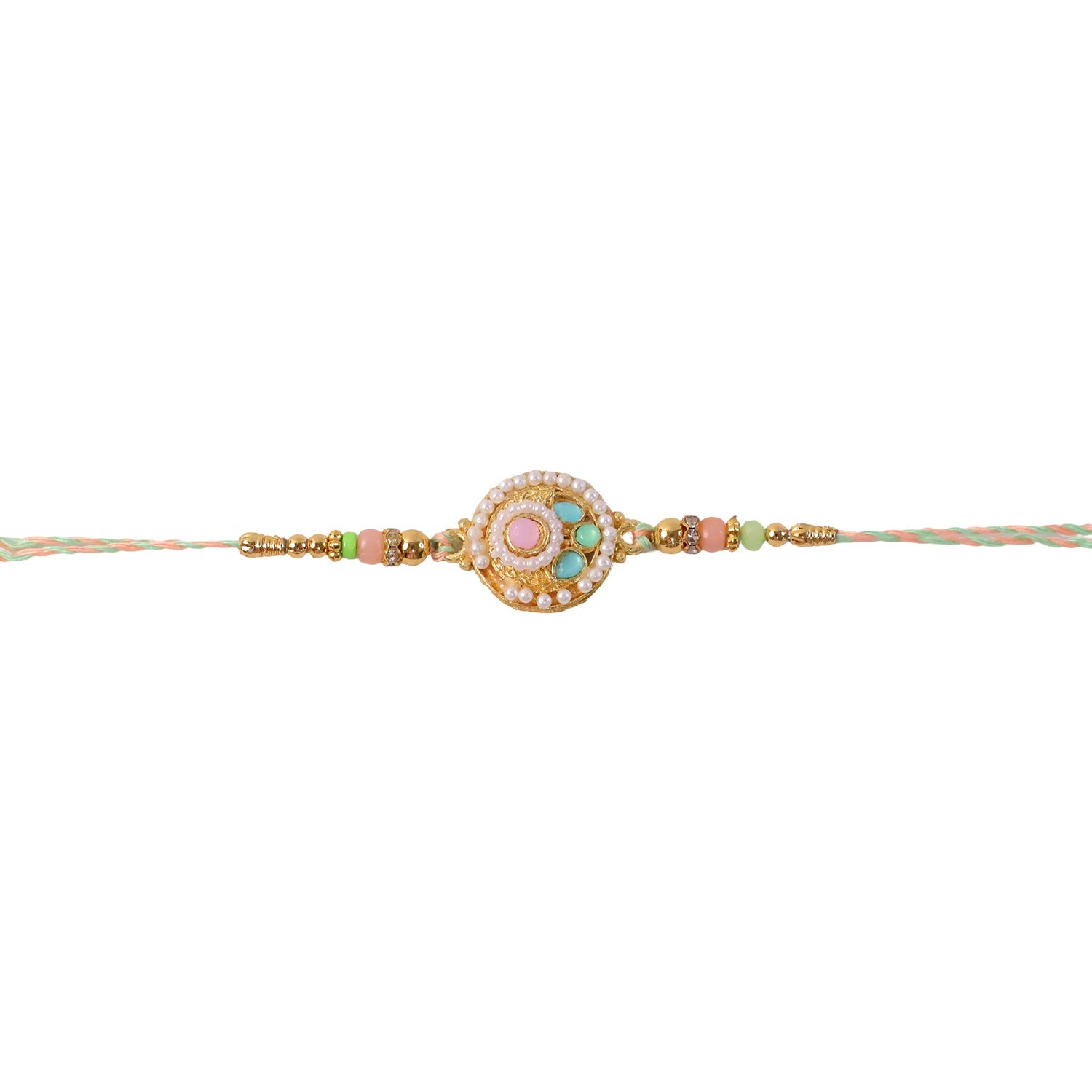 Side angle showing beads on pastel pearl rakhi