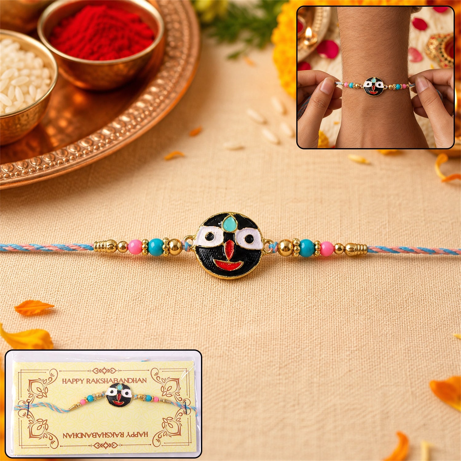 Colorful deity face charm rakhi with beads