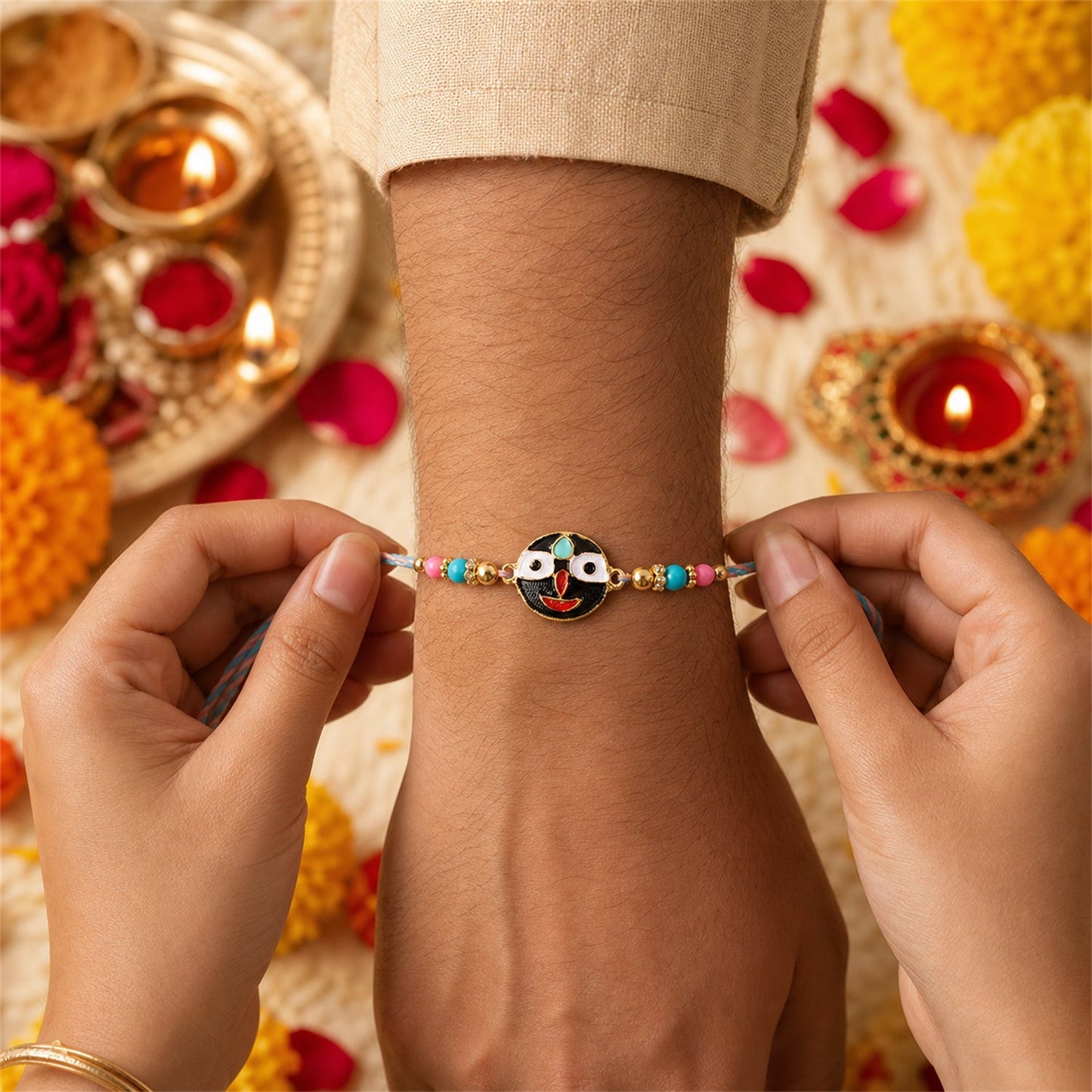 Close-up of deity face charm and beads on rakhi