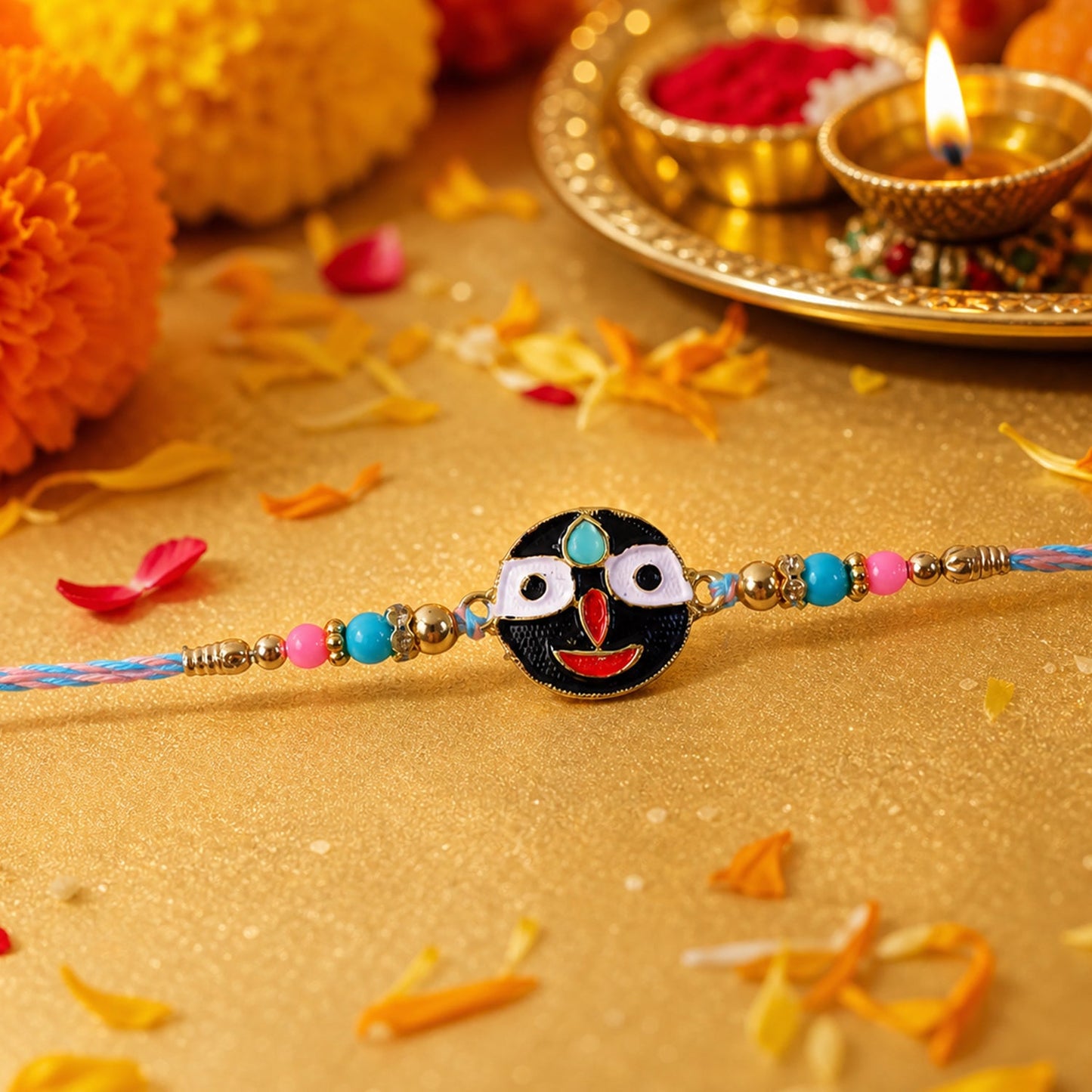 Traditional style colorful rakhi with deity face and beads