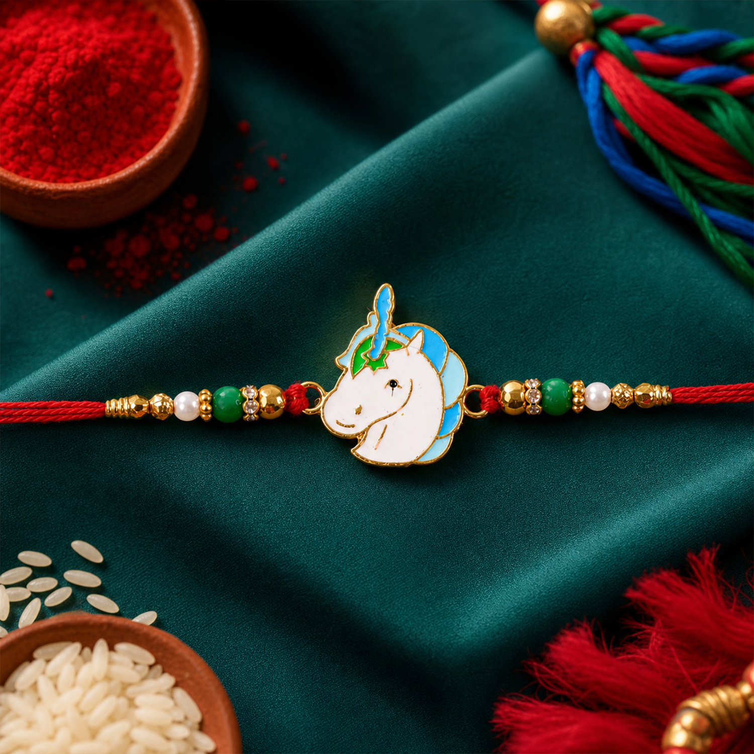 Cute Unicorn Charm Beaded Rakhi on white background