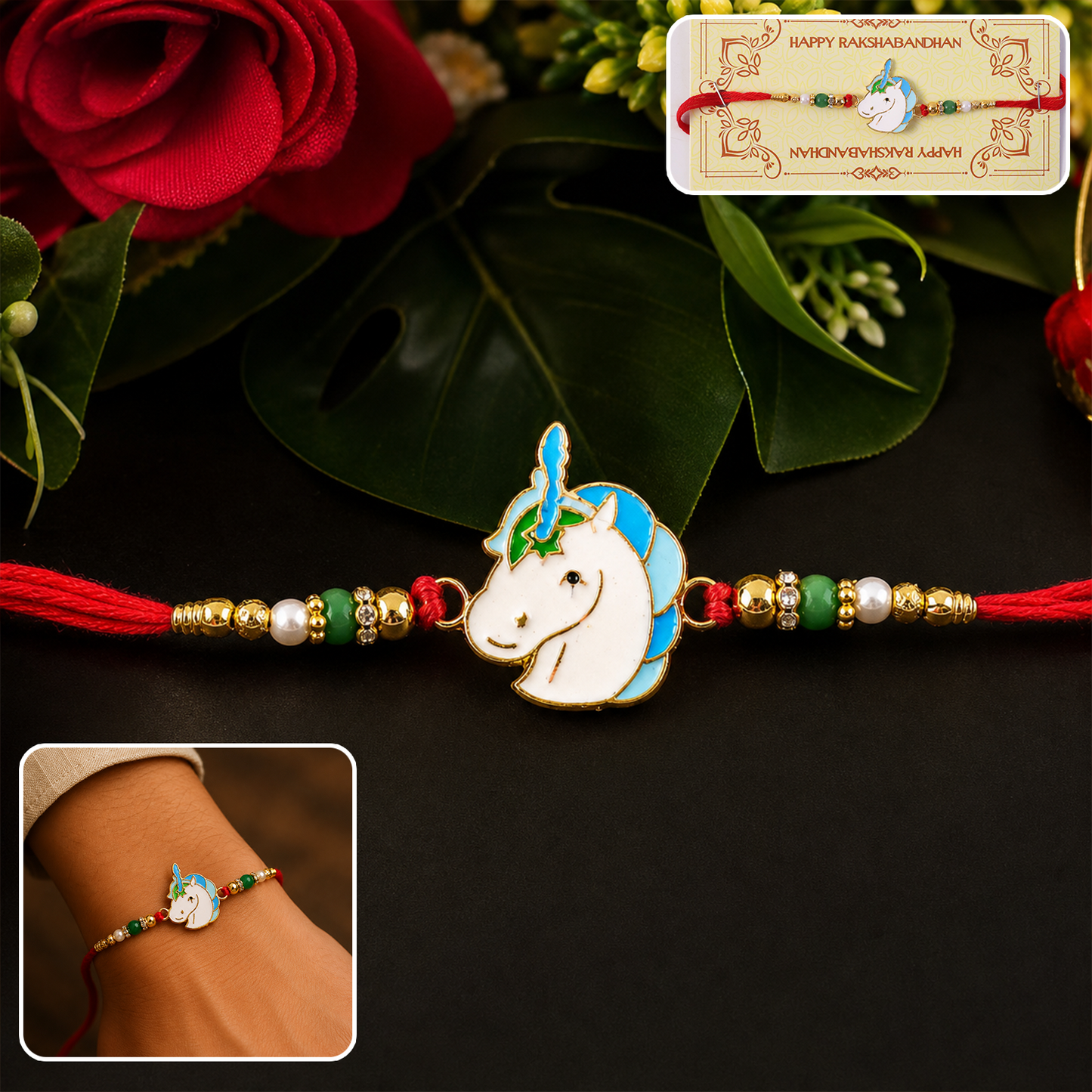 Cute Unicorn Charm Rakhi showcasing colorful beads