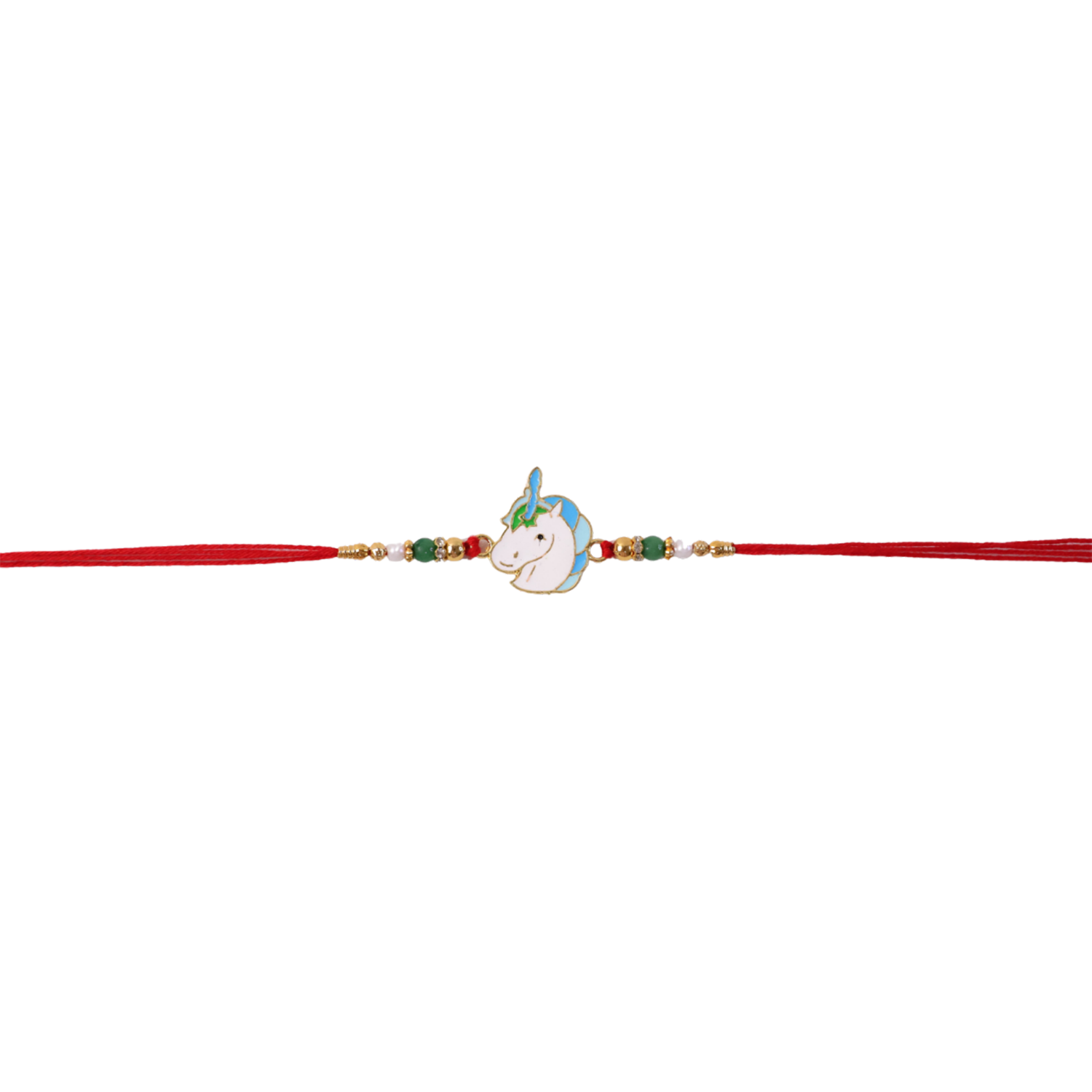 Close-up of Cute Unicorn Charm Rakhi beads and charm
