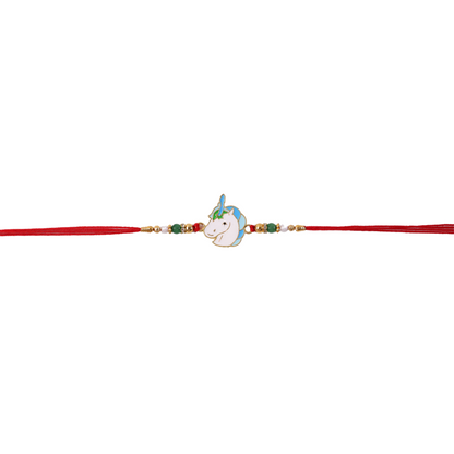 Close-up of Cute Unicorn Charm Rakhi beads and charm