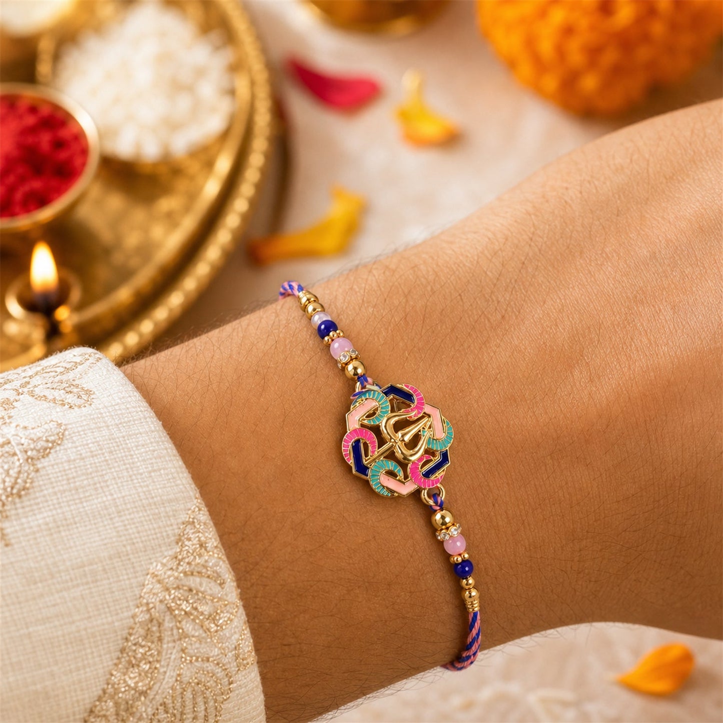 Close-up of designer Trishul beads rakhi